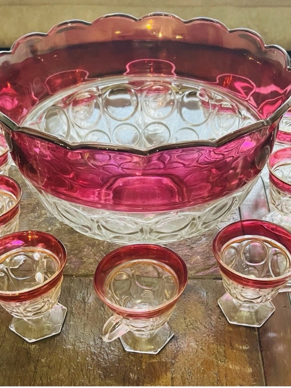 Kings Crown Vintage Ruby Rim Glass Punch Bowl and 11 Cup Set w Ladel